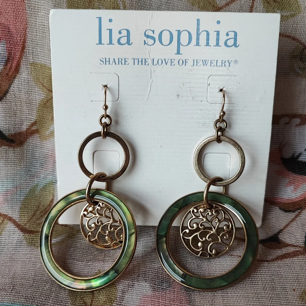 Lia Sophia Green Faux Abalone Brass Tone Pierced Earrings NOC LS Tree of Life